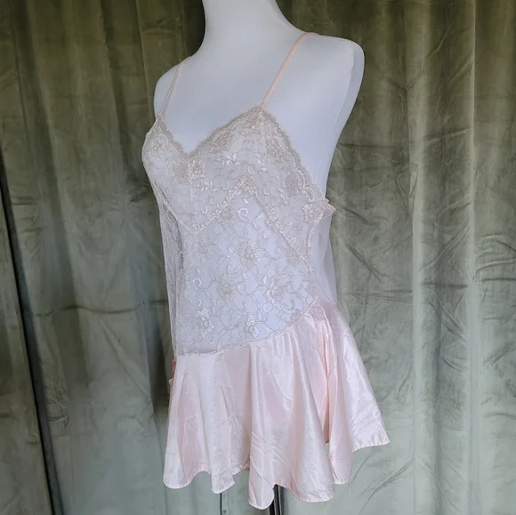 Vintage Coquette Girlypop Feminine Girly Balletcore Sheer Lace Pink Slip Dress - Picture 4 of 11
